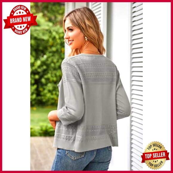 Cropped Cardigan 3/4 Sleeve Lightweight Crochet Shrug Hollowed-Out Knit Sweater - Picture 4 of 7